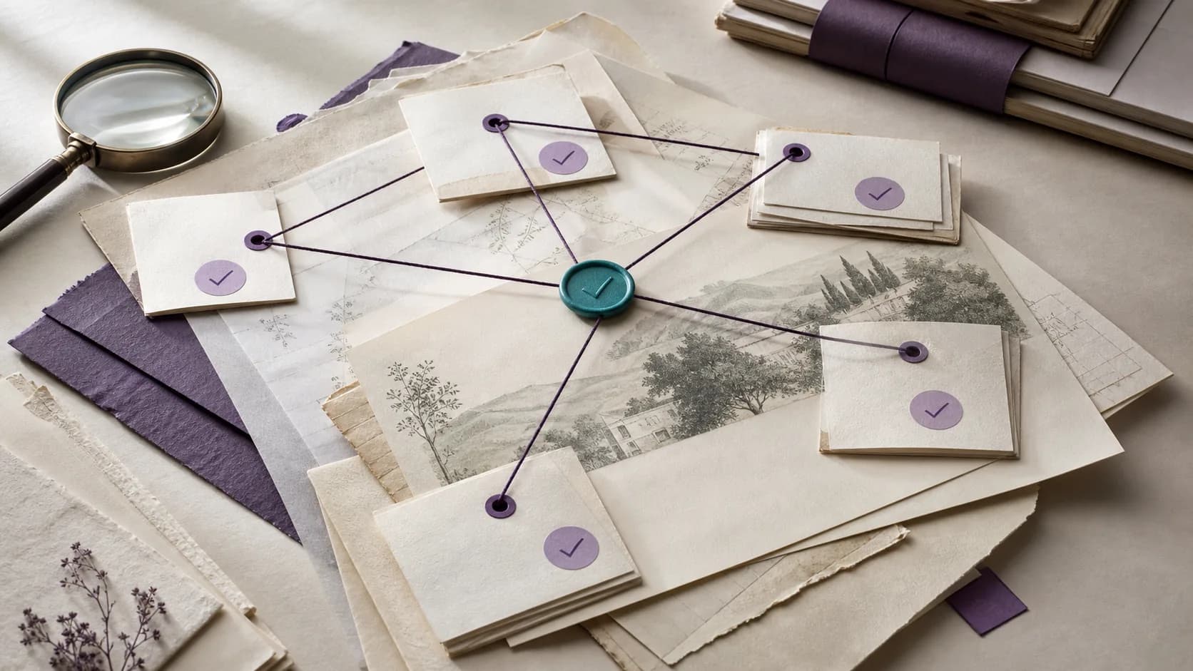 Layered evidence papers connected by violet threads around a magnifying glass and teal verification marker