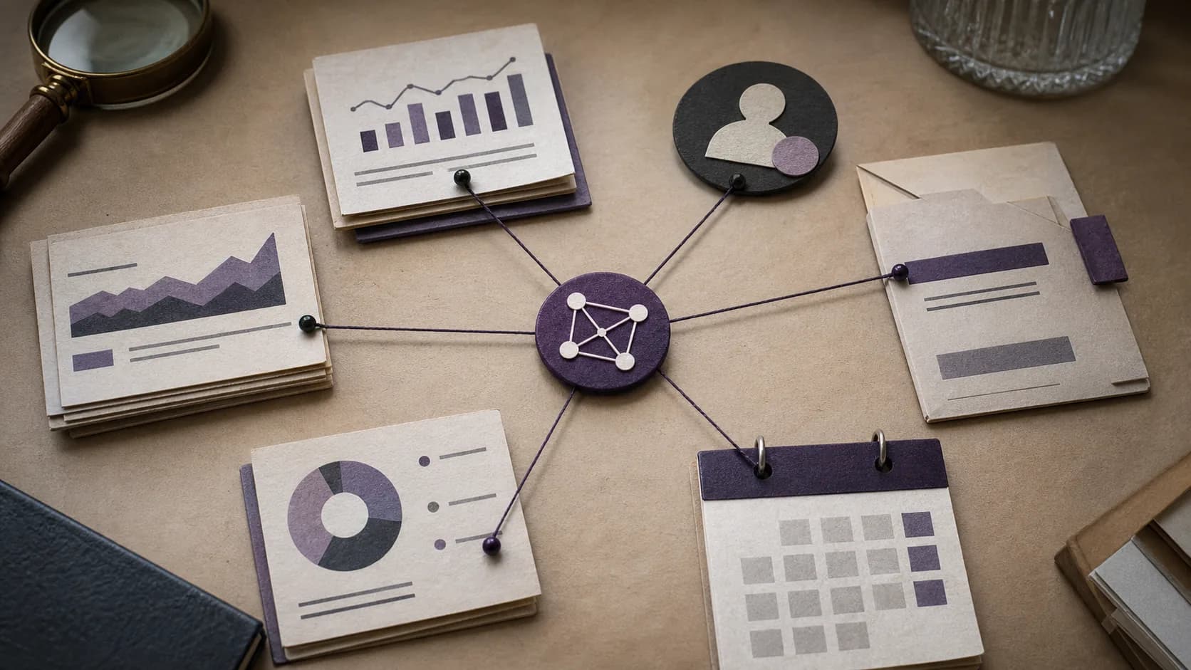 Five fictional company evidence cards linked to a central violet connection marker