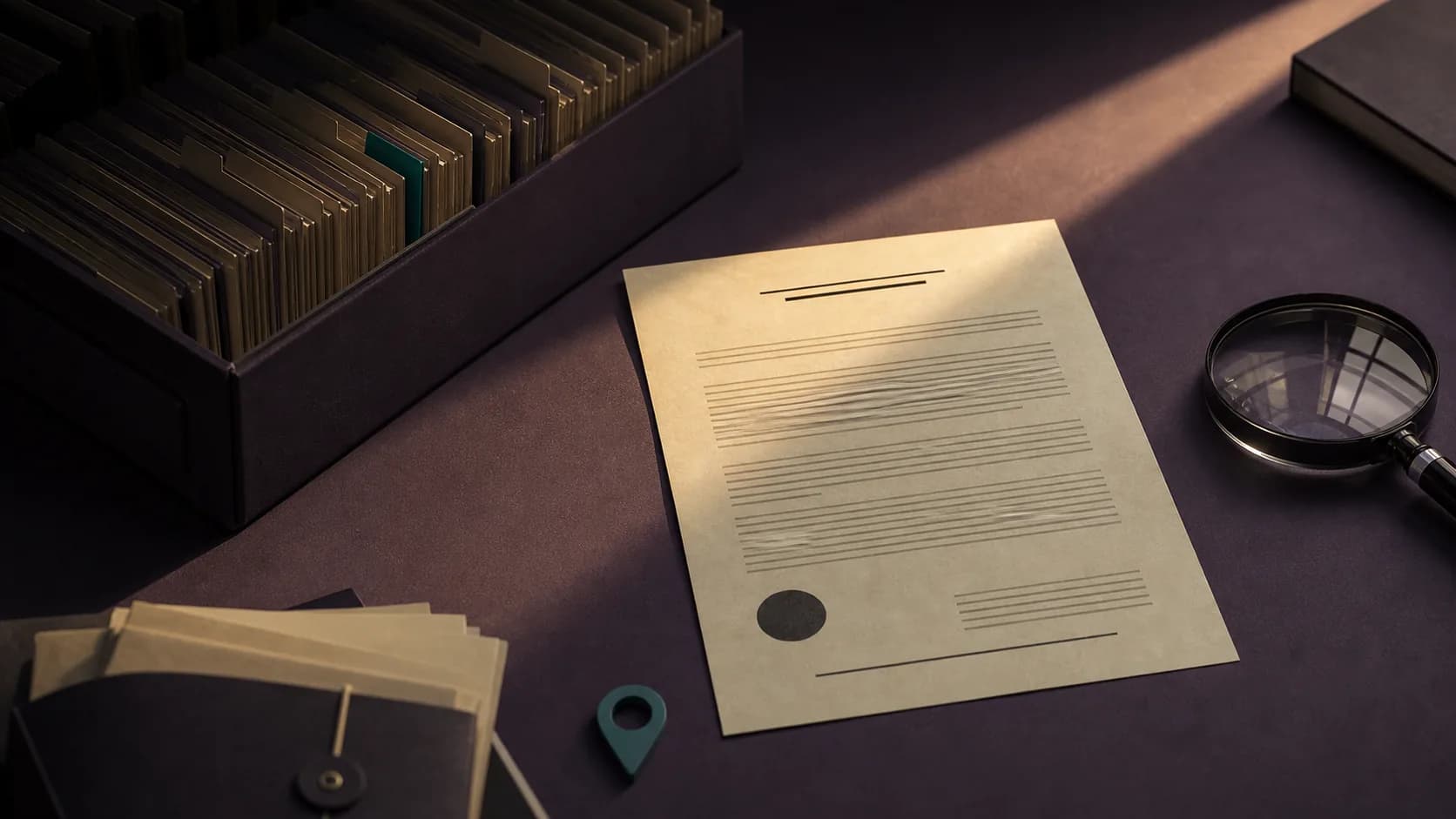 A fictional official notice illuminated on a deep violet archive desk beside a magnifying glass