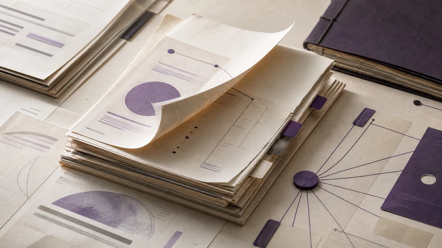 A layered archive of fictional company filings with violet charts and connected records