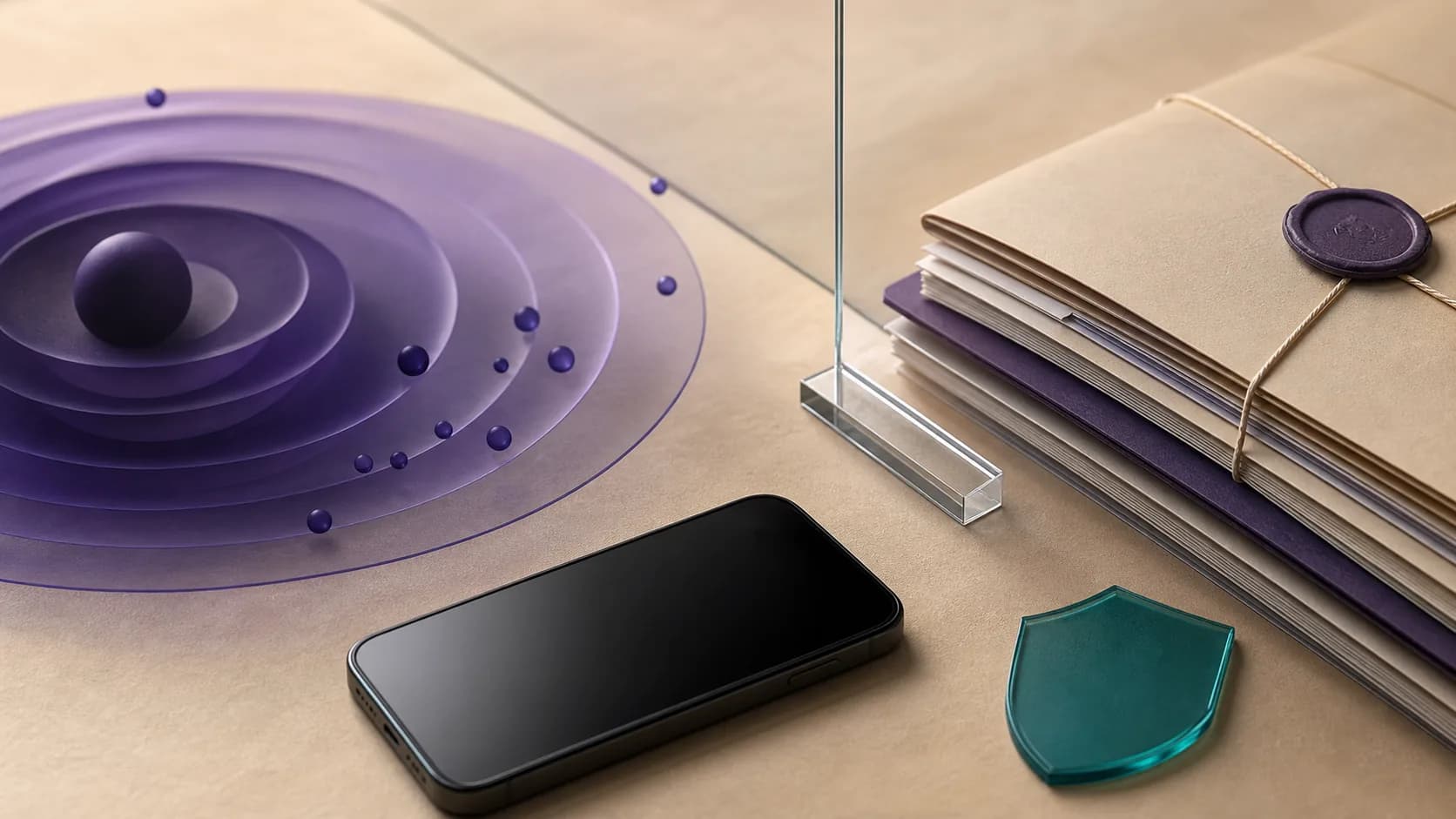 An unbranded phone and sealed evidence file protected from an incoming violet signal by a glass barrier